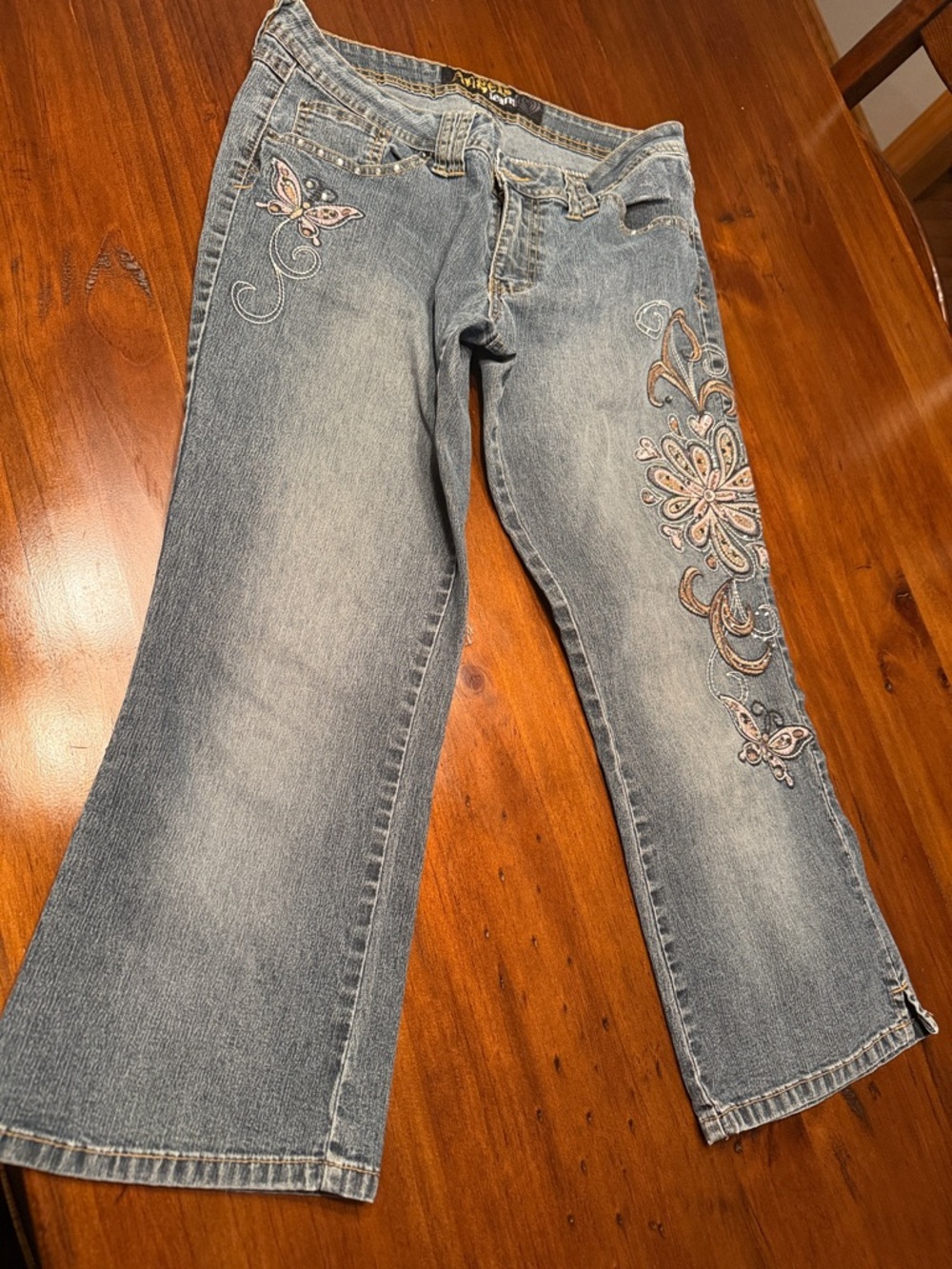 Angels Light Blue Flare Jeans with Embroidered Butterfly and Floral Accents